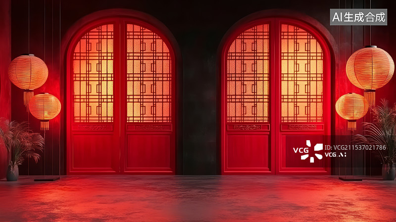 【AI数字艺术】中国风复古屏风门和灯笼红色喜庆展台背景图片素材