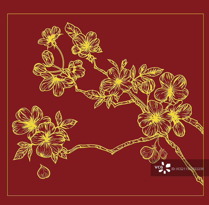 国风桃花枝白描线稿烫金贺卡图素图片素材