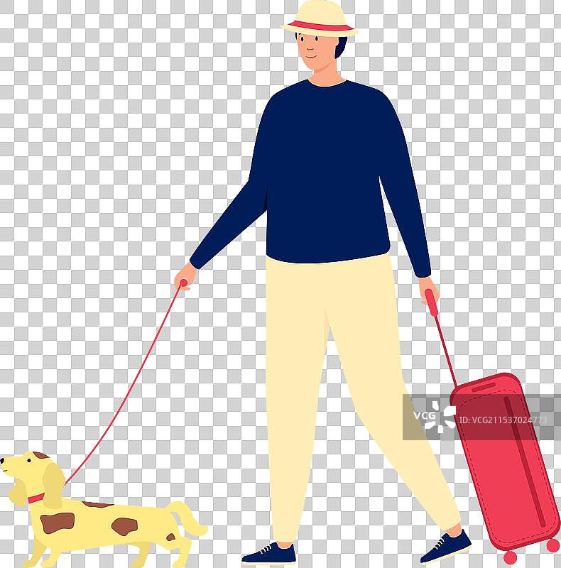 男子带着狗狗散步，准备去度假旅行图片素材