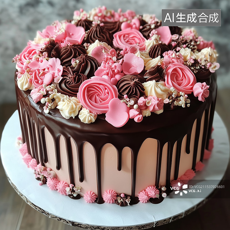 【AI数字艺术】甜蜜花朵巧克力蛋糕图片素材