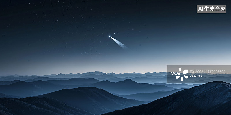 【AI数字艺术】在夜晚，流星和彗星划过的山脉景观，从无人区观看，提供外星视角的壮丽风景，适合作为壁纸和宇宙主题图像。图片素材