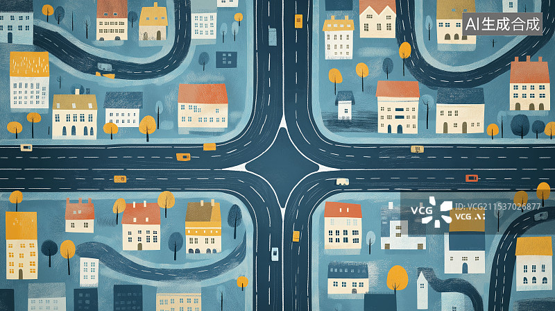 【AI数字艺术】正上方视角卡通风格的城市建筑道路插画图片素材