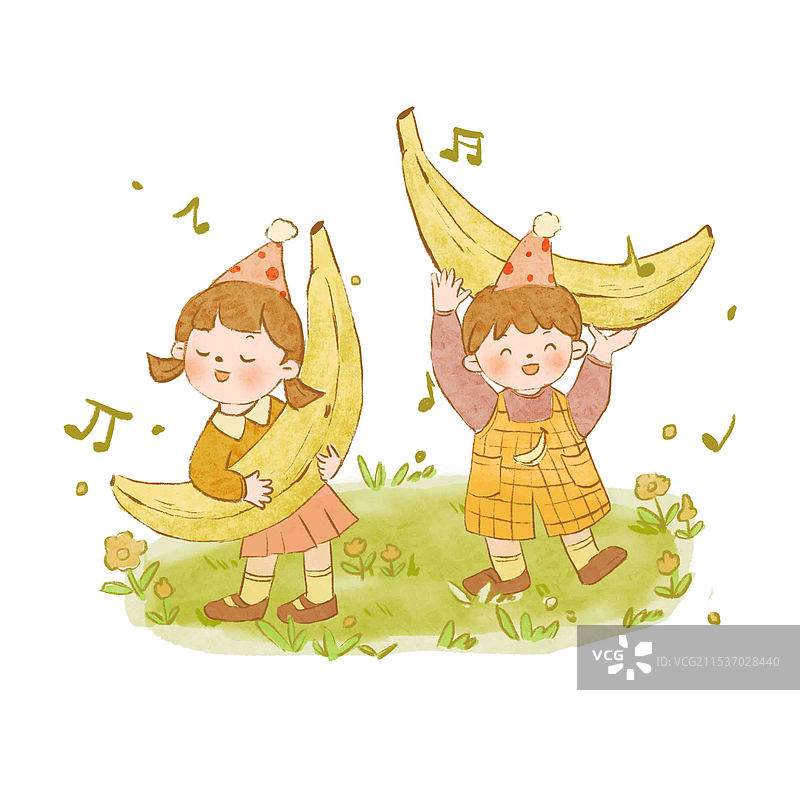 两个小孩在草地上抱着香蕉跳舞图片素材