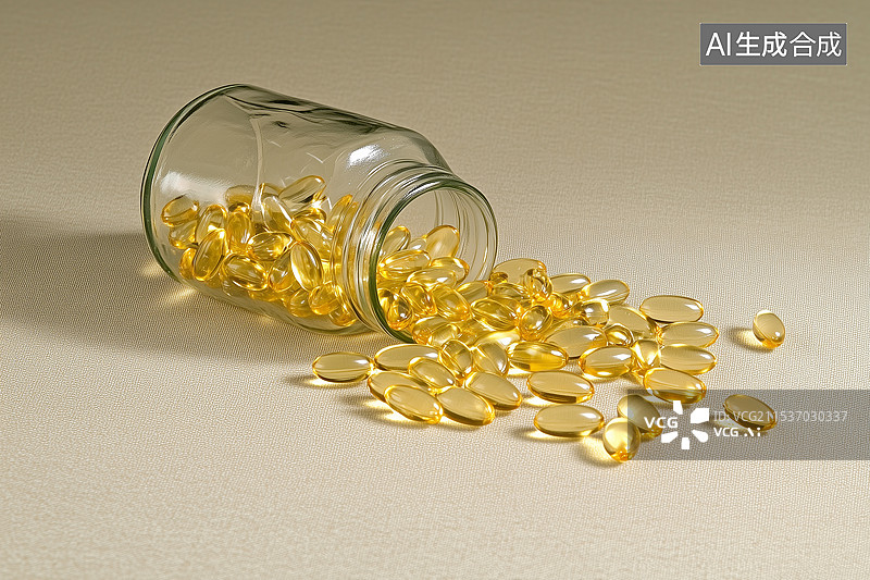 【AI数字艺术】从瓶子里溢出的黄色透明药丸图片素材