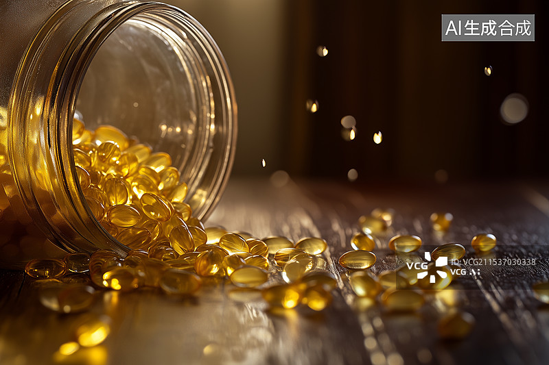 【AI数字艺术】从瓶子里溢出的黄色透明药丸图片素材