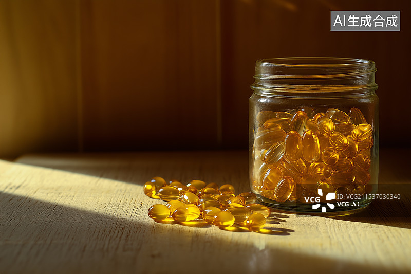 【AI数字艺术】从瓶子里溢出的黄色透明药丸图片素材