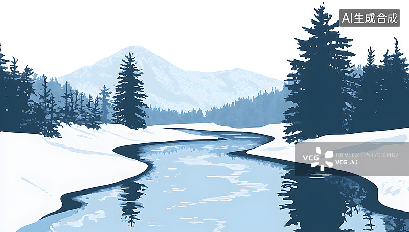 【AI数字艺术】雪地森林小河冬季风景插画，冬天立冬至大雪小雪大寒小寒图片素材