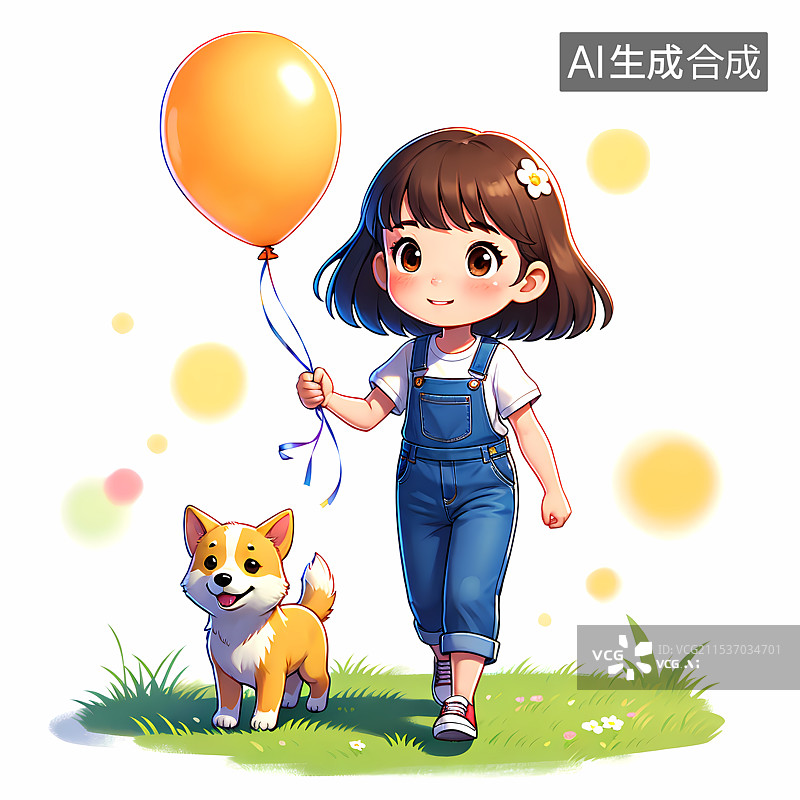 【AI数字艺术】女孩拿着气球和小狗玩耍插画图片素材