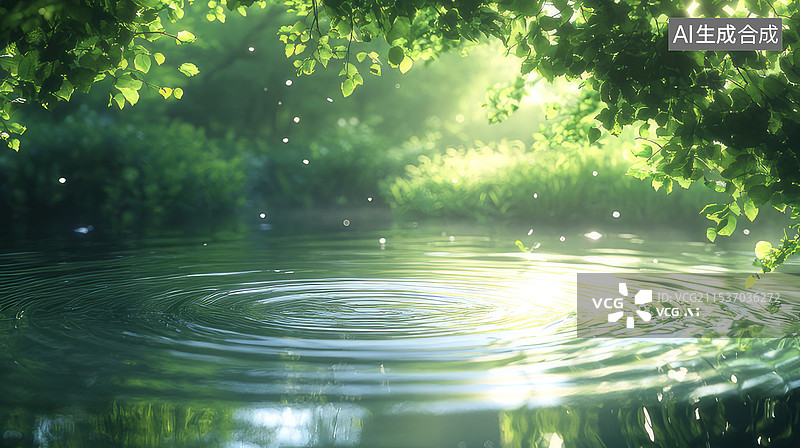 【AI数字艺术】宁静唯美阳光湖面涟漪图片素材