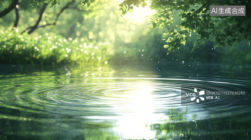 【AI数字艺术】宁静唯美阳光湖面涟漪图片素材