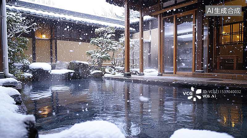 【AI数字艺术】3D冬季场景大雪纷飞俯拍中式庭院大门的高角度视图鱼塘温泉旅游度假节气小雪大雪立冬背景图片素材