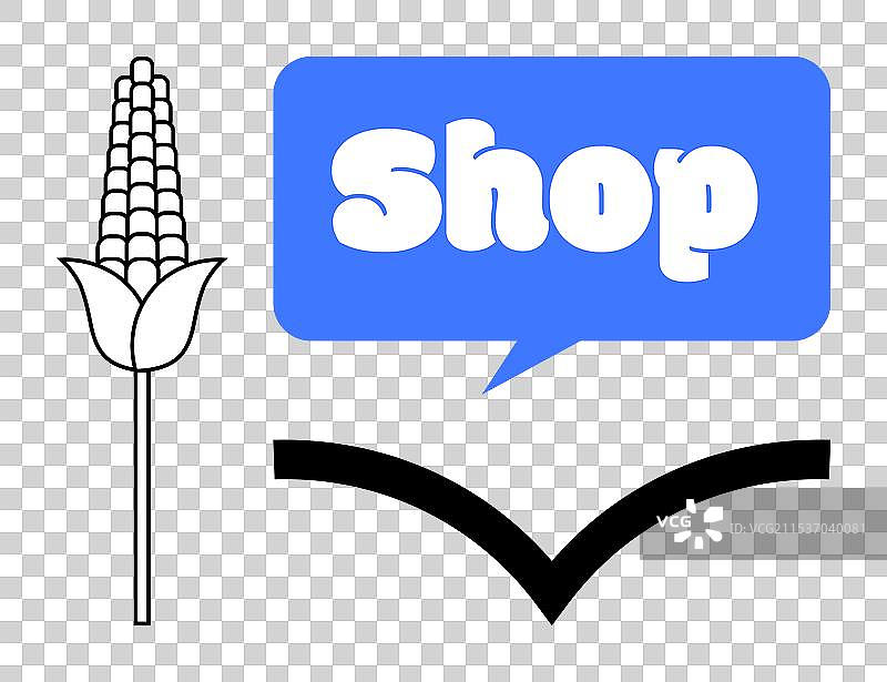 蓝色对话气泡，内含“商店”文字，玉米秆和图片素材