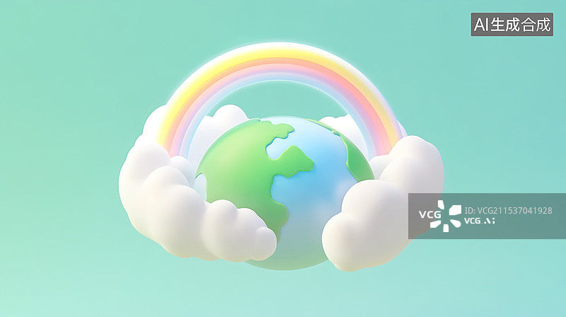 【AI数字艺术】3D绿色背景保护地球的主题彩虹围绕植被世界环境保护日植树节可持续发展生态友好图片素材