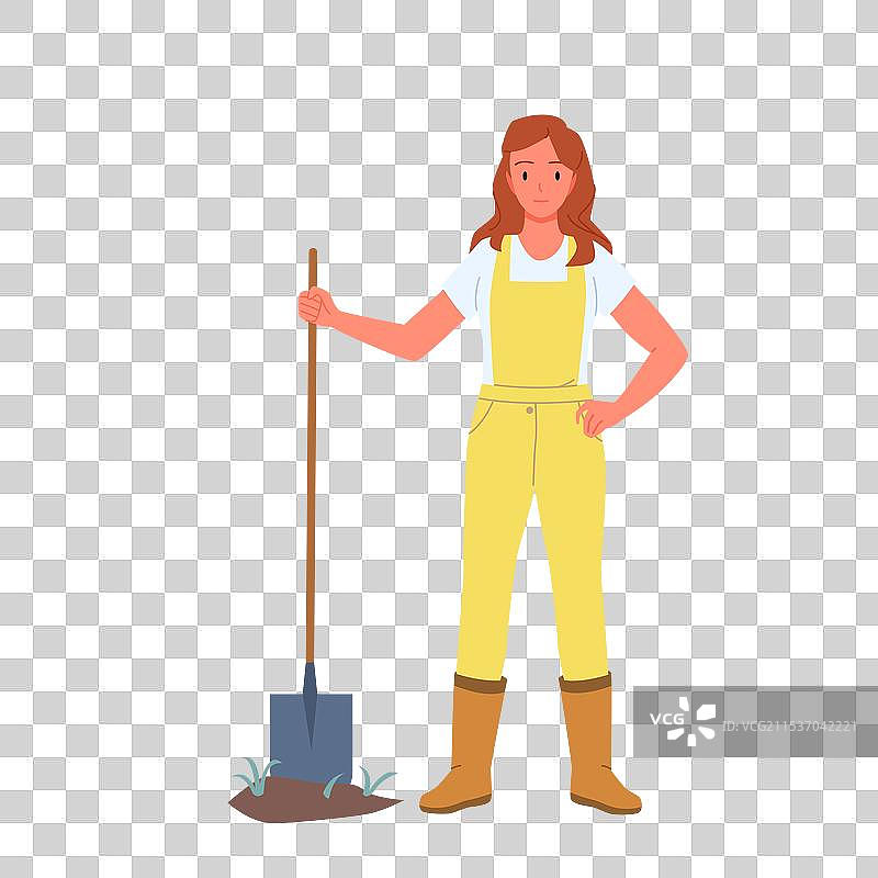 穿着工装的女性农民手持铲子在挖掘图片素材