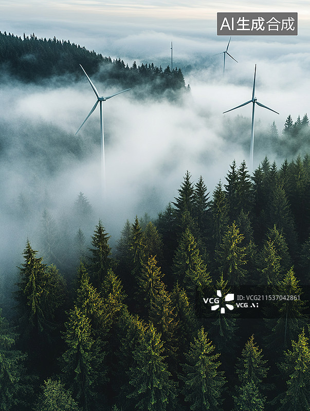 【AI数字艺术】位于雪白森林中的3D风力涡轮机清晨冬天云雾可再生新能源与自然低空经济绿色背景图片素材