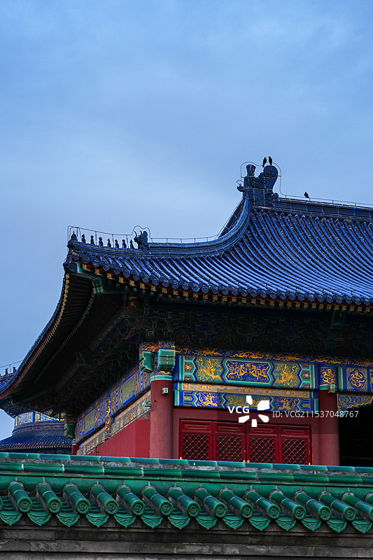 冬天日落前后的北京天坛 乌鸦飞过大殿 绝美的晚霞图片素材