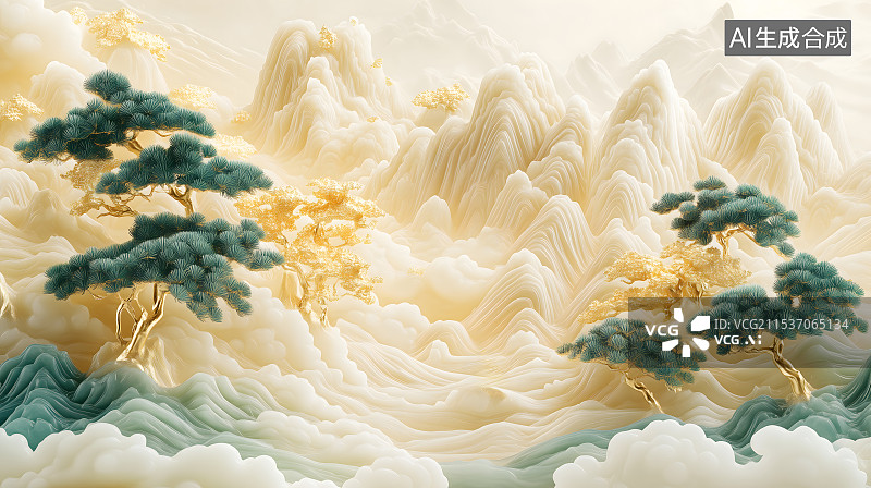 【AI数字艺术】国风陶瓷浮雕山水意境3D风景图片素材