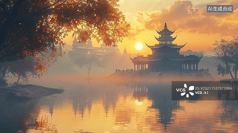 【AI数字艺术】夕阳下湖边的古典建筑图片素材