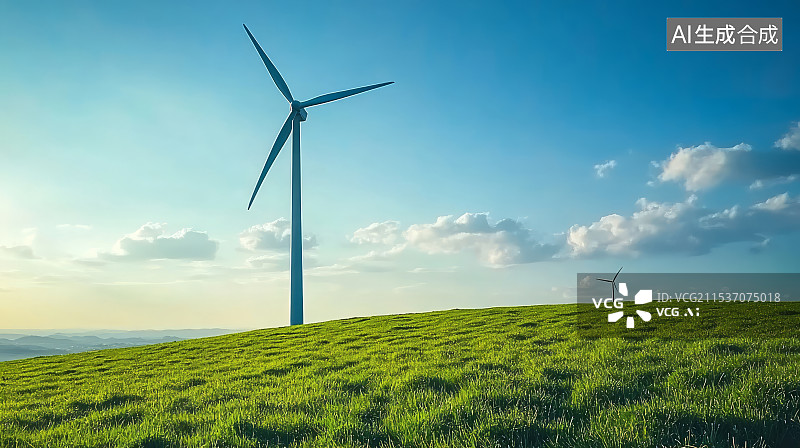 【AI数字艺术】草原上风力涡轮机发电场，绿色清洁能源概念图片素材