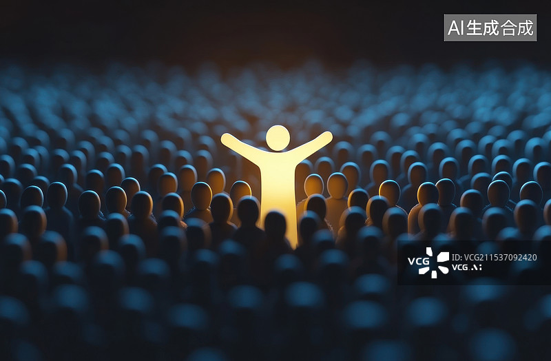 【AI数字艺术】站在人群中发光光亮处的人，领导者老板决策者个性特殊概念背景图片素材