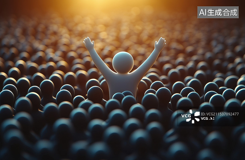 【AI数字艺术】站在人群中发光光亮处的人，领导者老板决策者个性特殊概念背景图片素材