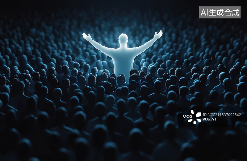 【AI数字艺术】站在人群中发光光亮处的人，领导者老板决策者个性特殊概念背景图片素材