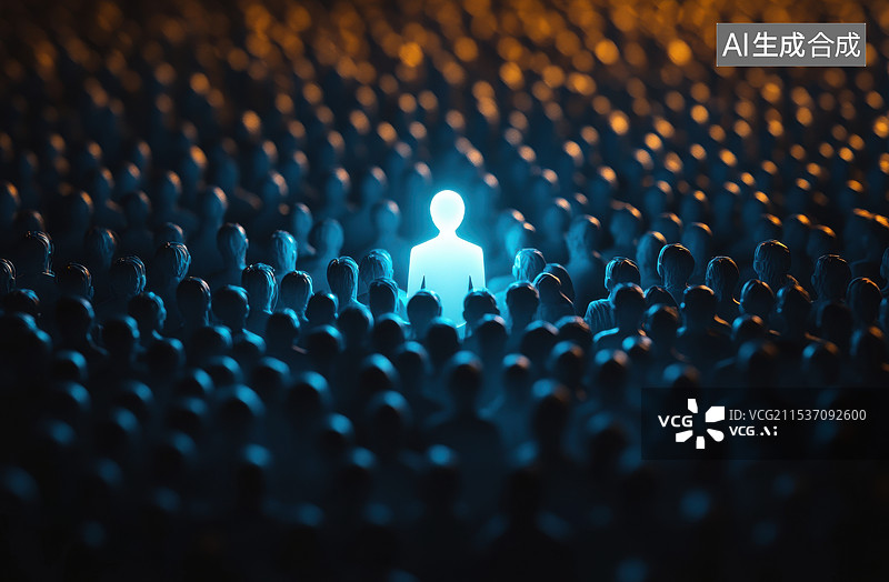 【AI数字艺术】站在人群中发光光亮处的人，领导者老板决策者个性特殊概念背景图片素材