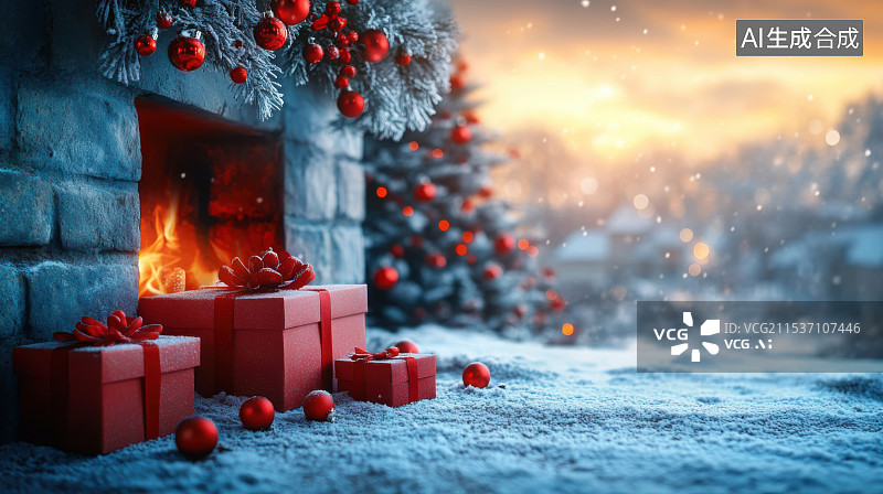 【AI数字艺术】温暖的圣诞节装饰雪景灯光背景图片素材