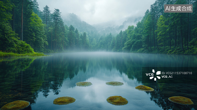 【AI数字艺术】中国风山水迷雾森林湖面晨雾绿色树林图片素材