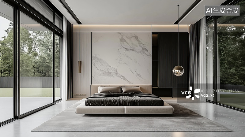 【AI数字艺术】3D室内现代简约卧室床三维空间场景图片素材