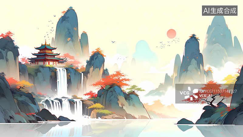 【AI数字艺术】秋天宫殿山水插画图片素材