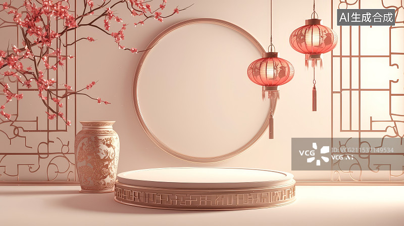 【AI数字艺术】红金色调唐朝风格电商产品展示平台3D背景图片素材