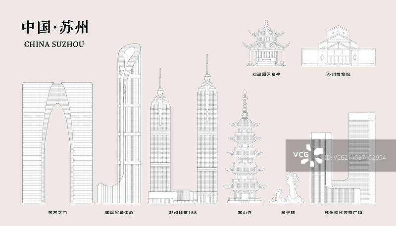 苏州城市地标建筑插画线稿图片素材