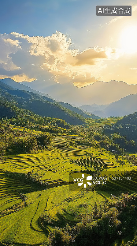 【AI数字艺术】梯田上的绿色奇迹图片素材