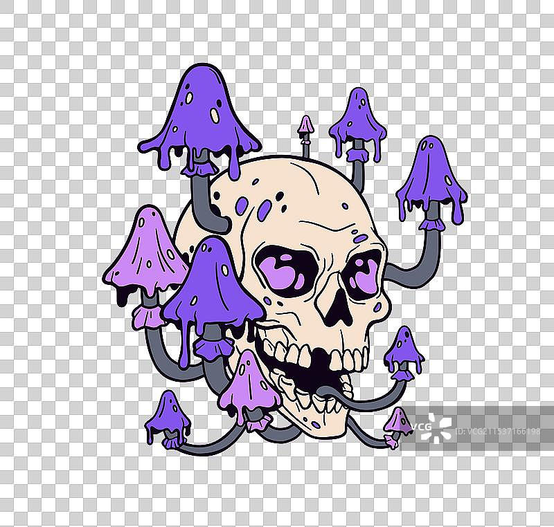 骷髅上长着有毒蘑菇，死亡而阴森图片素材