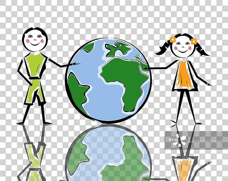 两个快乐的孩子手握地球，表达这个概念图片素材