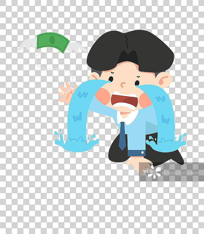 商人悲伤地哭泣，钱财飞散而去图片素材