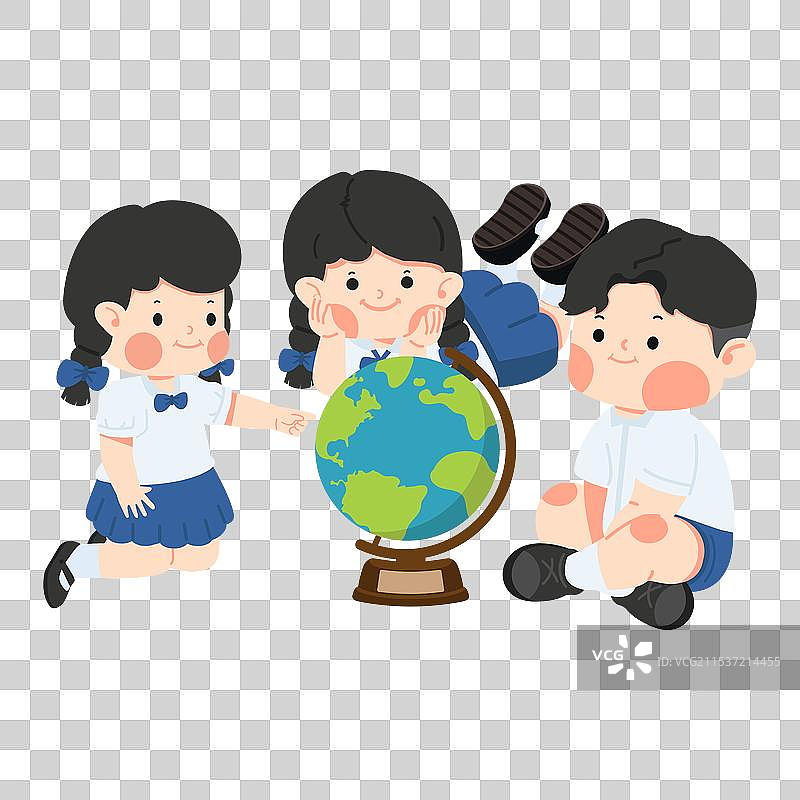 他们围在一起，正在观察一个地球仪。图片素材