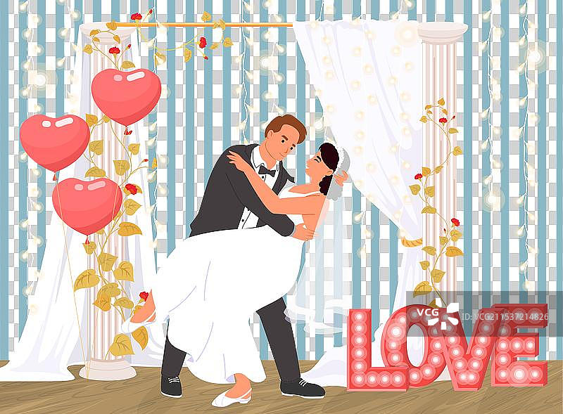 新郎亲吻新娘，留下浪漫的照片记忆图片素材