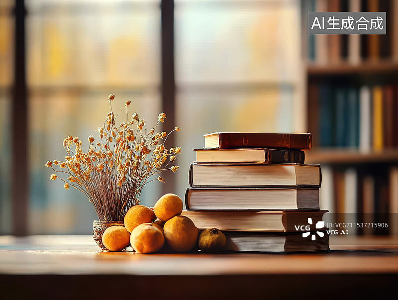 【AI数字艺术】图书馆里摆放着书籍和植物的木桌图片素材