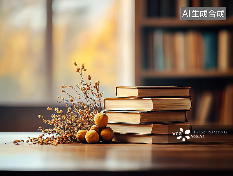 【AI数字艺术】图书馆里摆放着书籍和植物的木桌图片素材