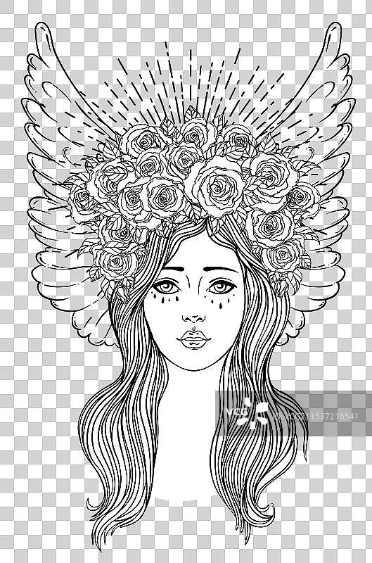 天使女孩，翅膀、十字架、玫瑰和光环图片素材