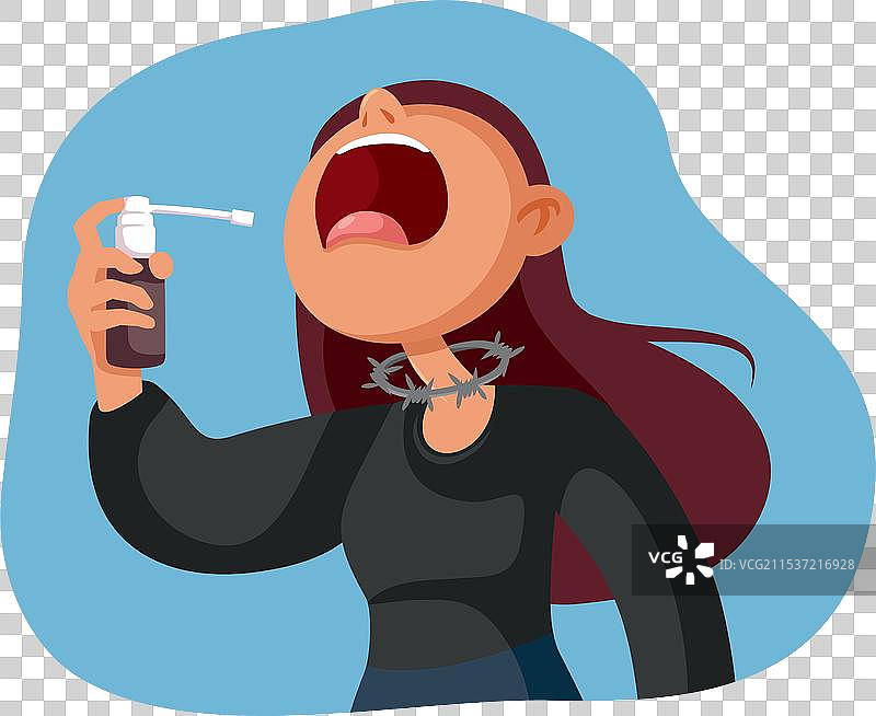 生病的女人在喉咙上喷药图片素材