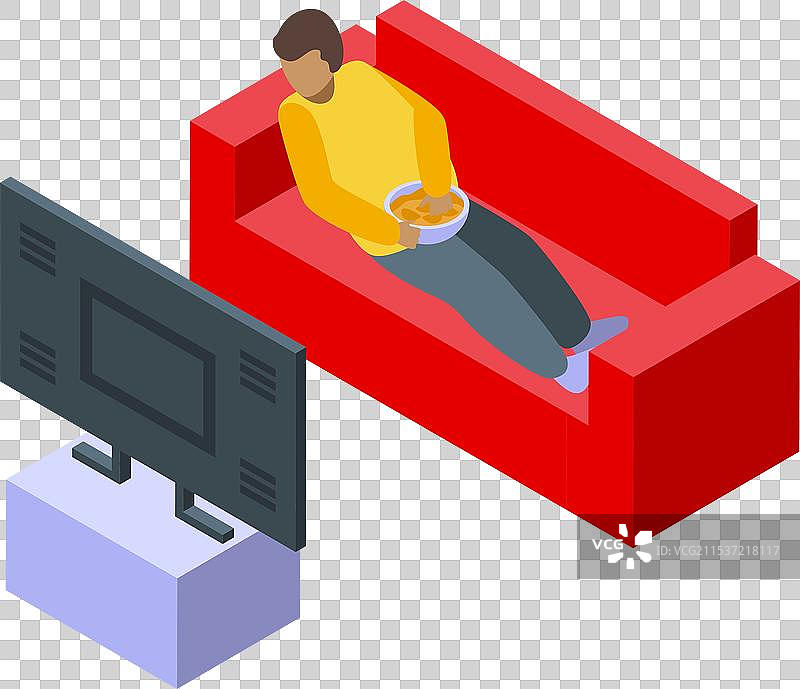 年轻男子在沙发上放松，观看电视并吃东西图片素材