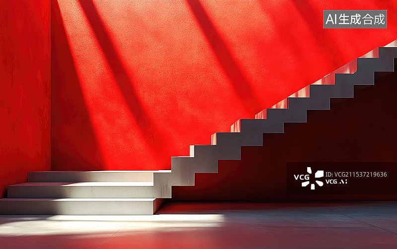 【AI数字艺术】带有楼梯的红色几何建筑空间图片素材