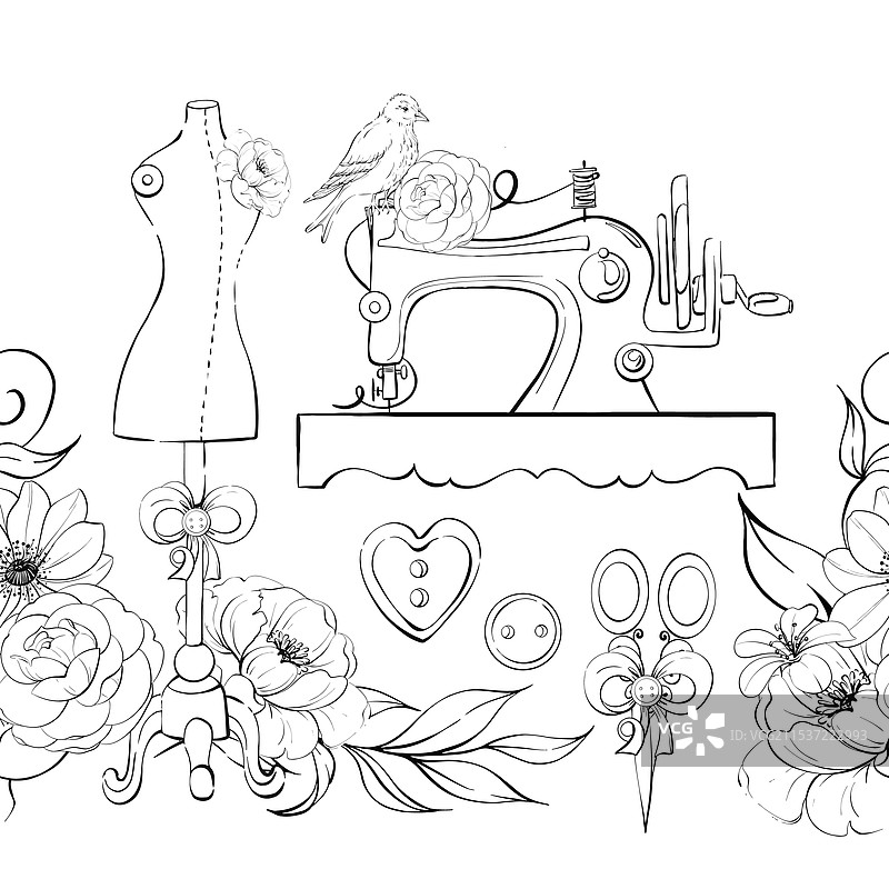 带花卉的模特和复古缝纫机图片素材