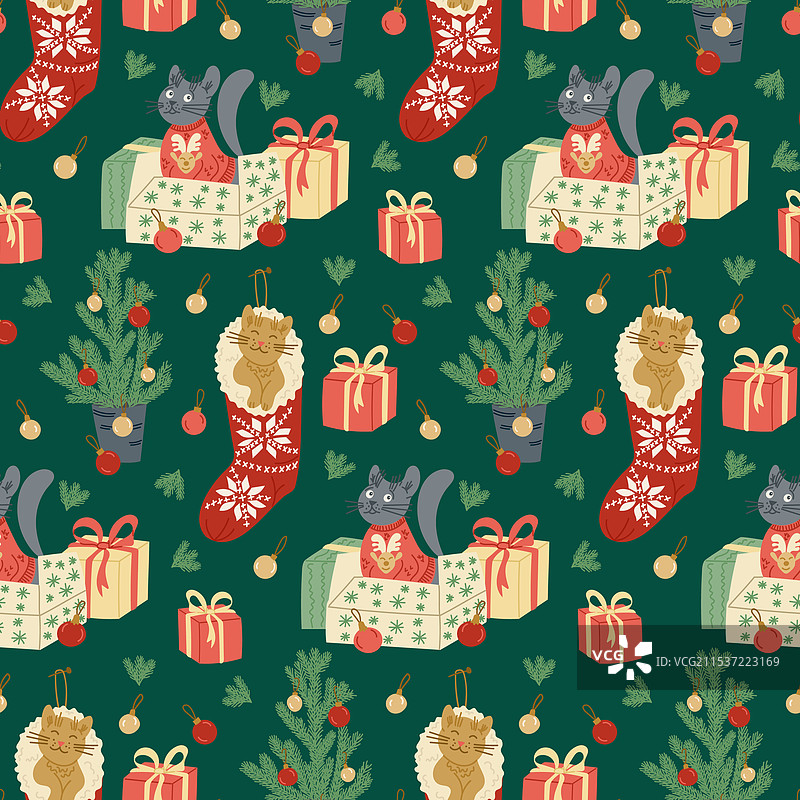 可爱猫咪的无缝圣诞图案图片素材
