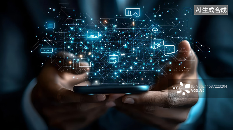 【AI数字艺术】商务人士触控手机体验人工智能科技交互数字化显示场景图片素材