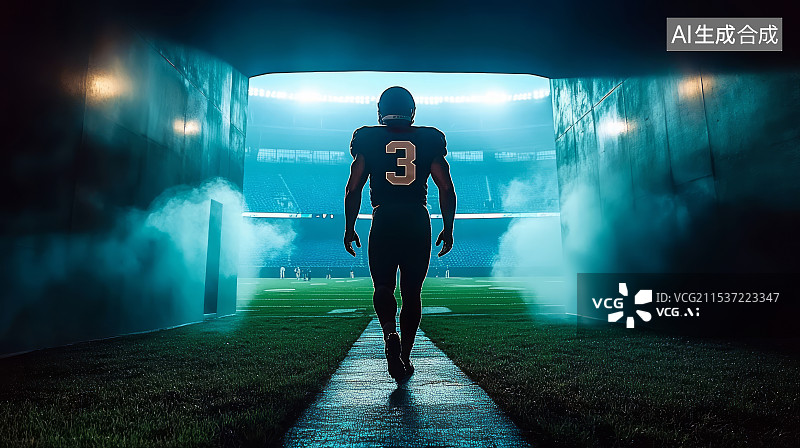 【AI数字艺术】一名橄榄球运动员穿过通道出场的背影图片素材
