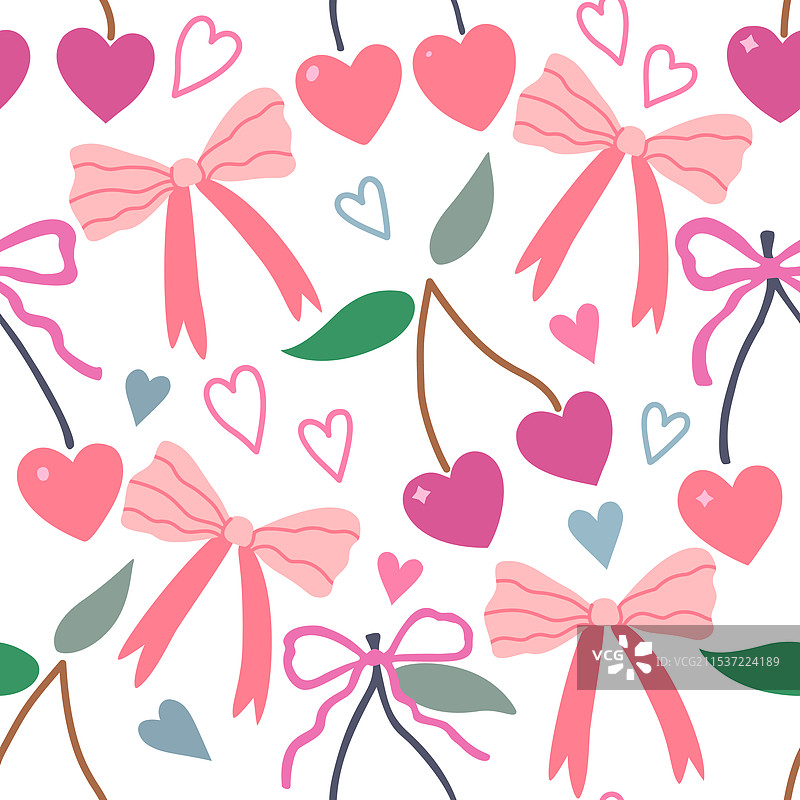 无缝图案，带有调皮的樱桃和蝴蝶结图片素材